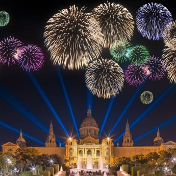 Firework display at the magic fountain in Barcelona